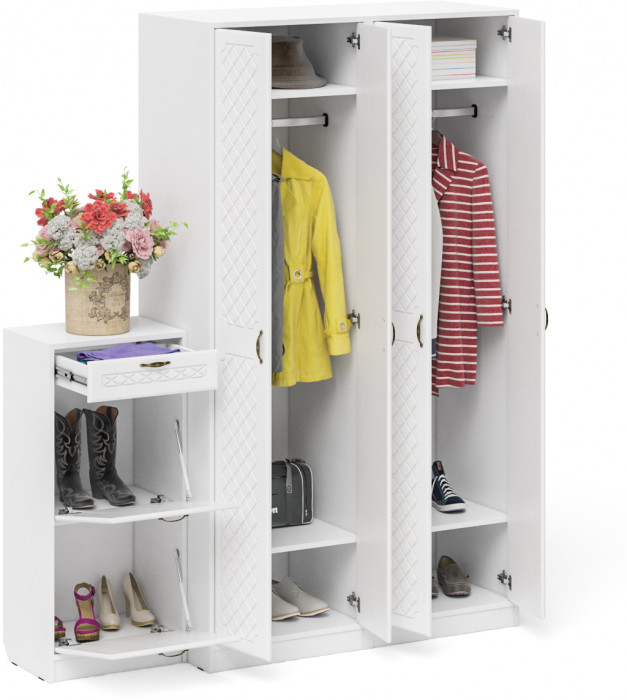 Прихожая П-6 Компоновка № 13, белая шагрень/фасады МДФ белое дерево фрезеровка ромб