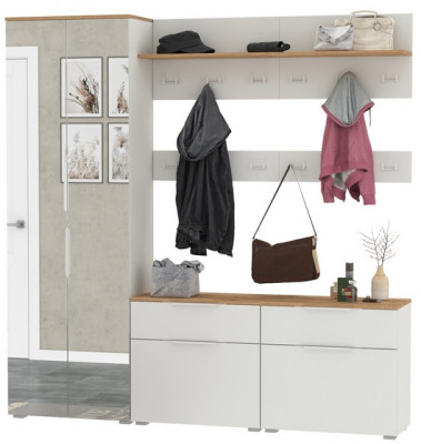 Октава Прихожая 32, цвет белый шагрень/дуб крафт золотой/фасады МДФ белый шагрень, ШхГхВ 194,2х35,4х197,6 см., универсальная сборка