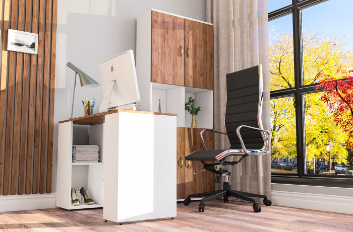 Лидер-8 Стол + Пенал + Пенал, белый шагрень/крафт золото