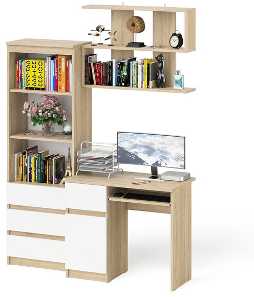 Мори Стол компьютерный МС-1 левый + Стеллаж МСТ600.3 + Полка 900, цвет дуб сонома/белый, ШхГхВ 150,4х50х209,6 см., НЕ универсальная сборка