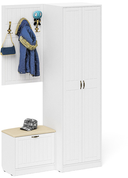 Прихожая П-6 Компоновка № 12, цвет белая шагрень/фасады МДФ белое дерево фрезеровка прованс, ШхГхВ 120х50х210 см., универсальная сборка