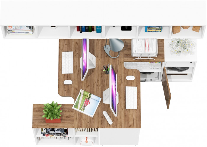 Лидер-8 Стол + Полка + Стол + Полка + Тумба МД 3.19, цвет белый шагрень/крафт золото, ШхГхВ 370х50/30х75 см. или 230х50/120х75 см., НЕ универс. сборка