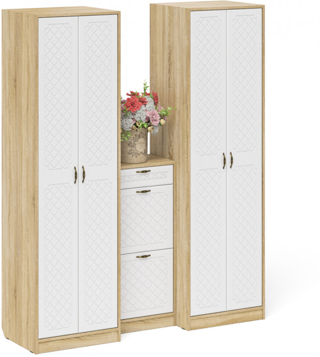 Прихожая П-6 Компоновка № 13, дуб сонома/фасады МДФ белое дерево фрезеровка ромб