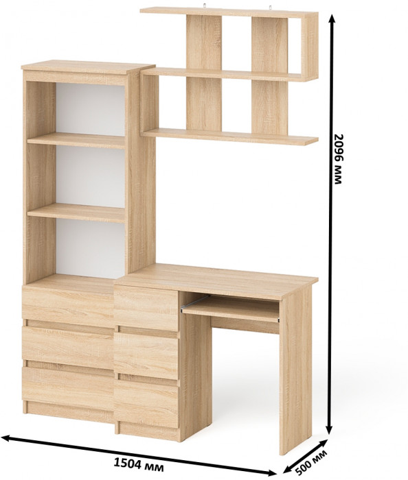 Мори Стол компьютерный МС-6 левый + Стеллаж МСТ600.3 + Полка 900, цвет дуб сонома, ШхГхВ 150,4х50х209,6 см., НЕ универсальная сборка