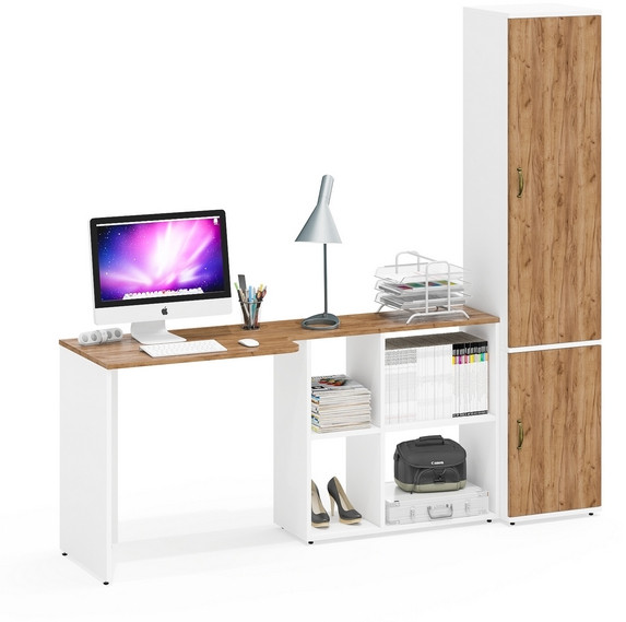 Лидер-8 Стол + Пенал МД 21Б, белый шагрень/крафт золото