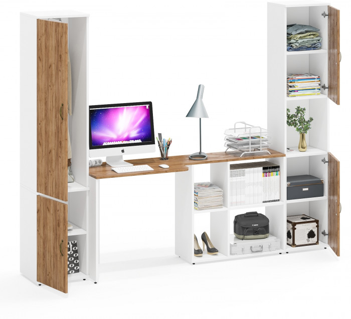 Лидер-8 Пенал МД 21Б + Стол + Пенал, белый шагрень/крафт золото