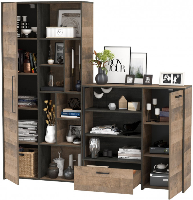 Трувор 13.206 Шкаф-стеллаж + 13.307.01 Комод, цвет дуб гранж песочный/интра, ШхГхВ 202х37х194,2 см., универсальная сборка