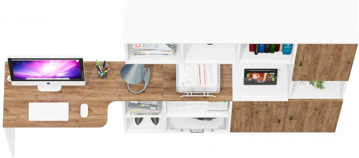 Лидер-8 Стол + Полка + Тумба МД 3.15 + Пенал, цвет белый шагрень/крафт золото, ШхГхВ 370х50/30х75/190 или 230х50/120х75/190  см., НЕ универс. сб.