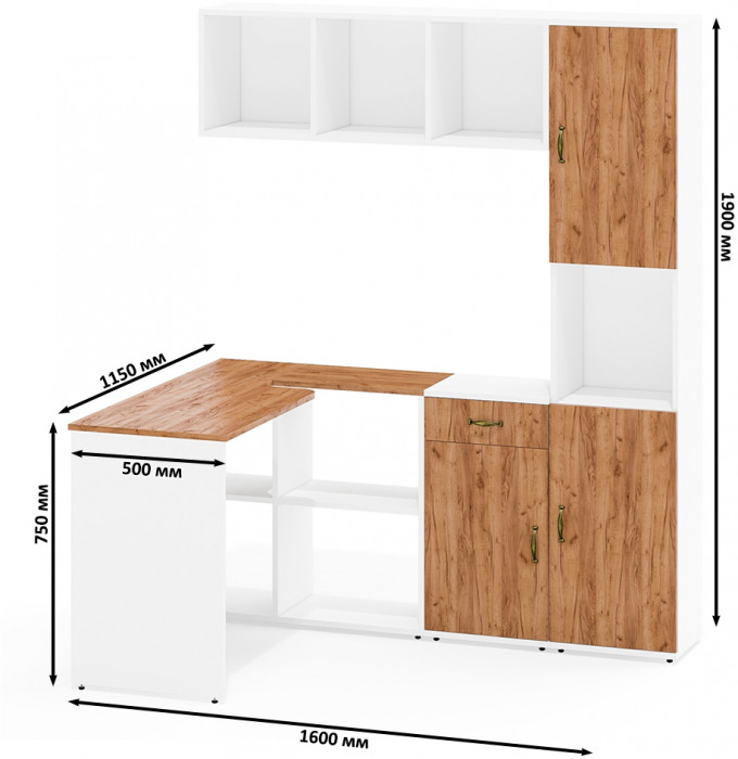 Лидер-8 Стол + Полка + Тумба МД 3.15 + Пенал, цвет белый шагрень/крафт золото, ШхГхВ 370х50/30х75/190 или 230х50/120х75/190  см., НЕ универс. сб.