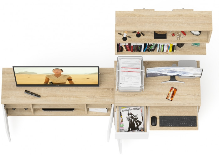 Мори Стол компьютерный МС-1 левый + Тумба МТВ1200.1 + Полка 900, цвет дуб сонома/белый, ШхГхВ 210,4х50х209,6 см., НЕ универсальная сборка