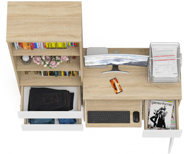 Мори Стол компьютерный МС-1 правый + Стеллаж МСТ600.3, цвет дуб сонома/белый, ШхГхВ 150,4х50х179,6 см., выдвижной ящик справа, НЕ универсальная сборка