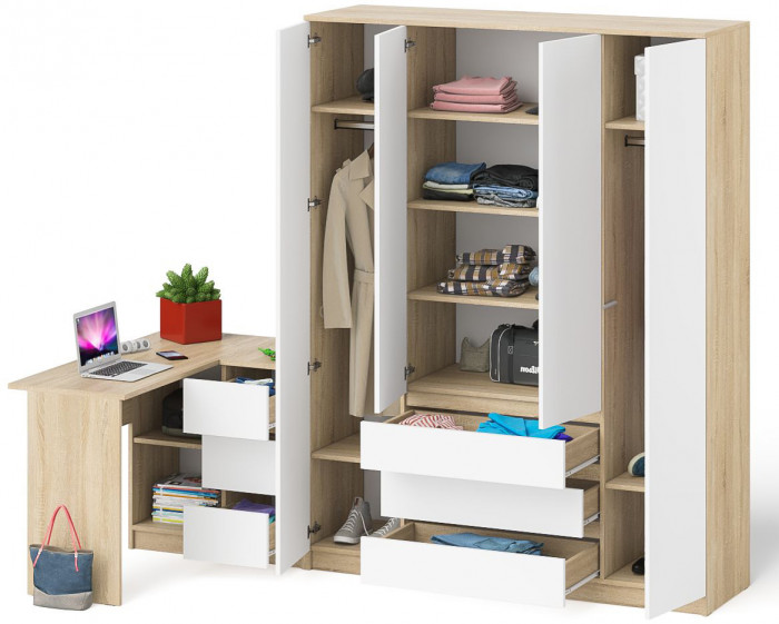 Мори Стол компьютерный МС-16 правый + Шкаф МШ1600.1, цвет дуб сонома/белый, ШхГхВ 284,8х84,9х209,6 см., выдвижные ящики справа, НЕ универс. сборка