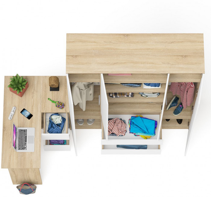 Мори Стол компьютерный МС-16 правый + Шкаф МШ1600.1, цвет дуб сонома/белый, ШхГхВ 284,8х84,9х209,6 см., выдвижные ящики справа, НЕ универс. сборка