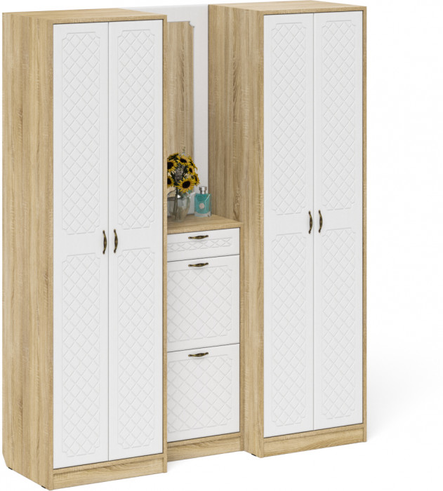 Прихожая П-6 Компоновка № 14, дуб сонома/фасады МДФ белое дерево фрезеровка ромб