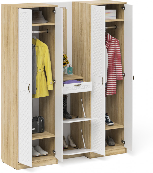 Прихожая П-6 Компоновка № 14, дуб сонома/фасады МДФ белое дерево фрезеровка ромб