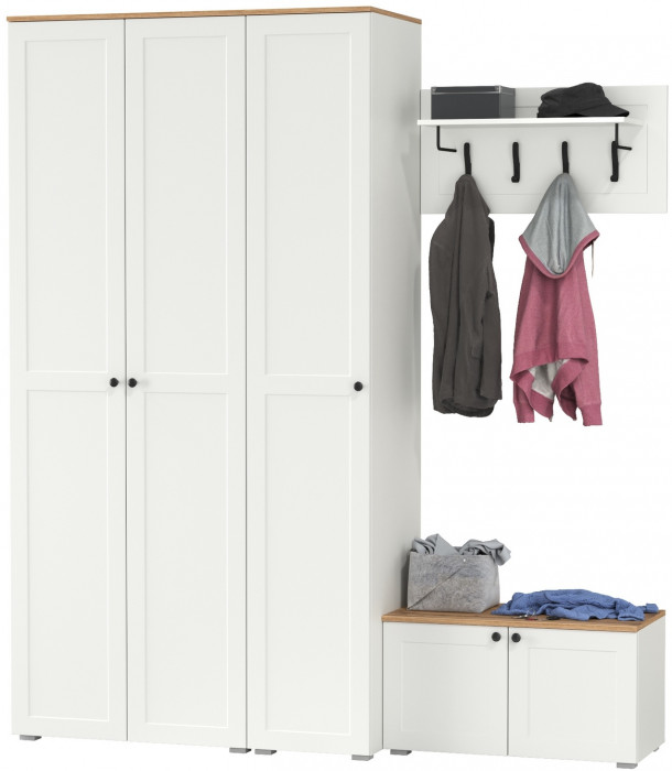 Остин Прихожая 43, цвет белый шагрень/дуб крафт золотой, ШхГхВ 200х54,3х229,6 см., универсальная сборка