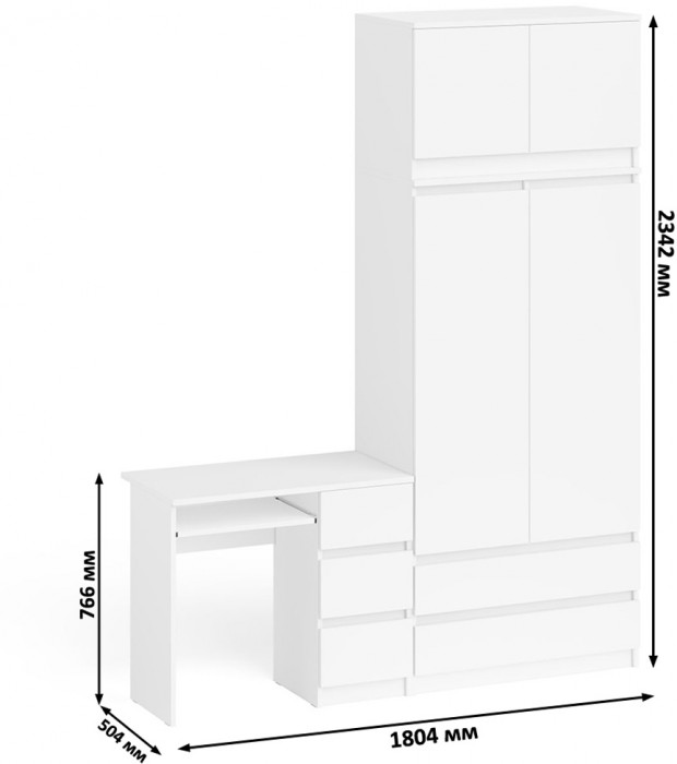 Мори Стол компьютерный МС-6 правый + Шкаф МШ900.1 + Антресоль МА900.1, цвет белый, ШхГхВ 180,4х50,4х234,2 см., выдвижные ящики справа, НЕ универс. сб.