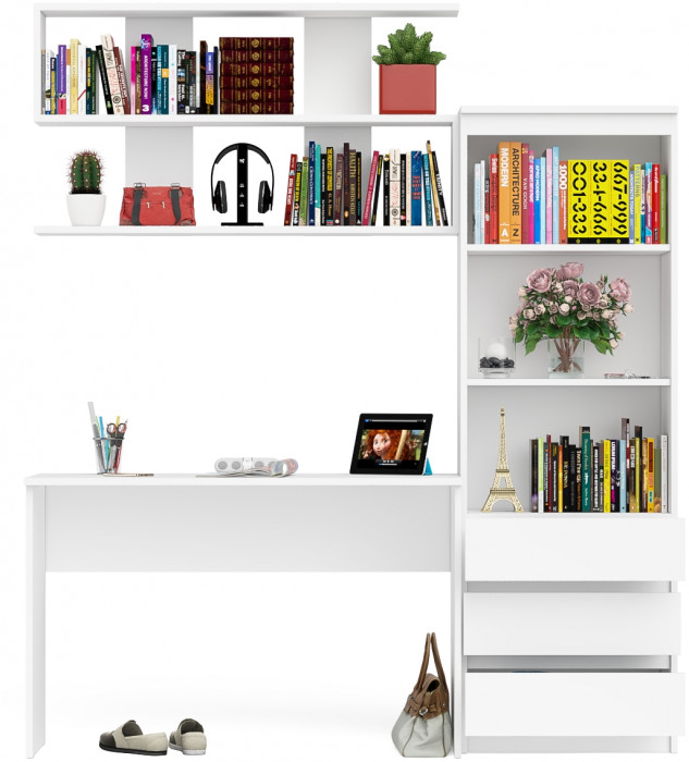 Мори Стол письменный МСП1200.1 + Стеллаж МСТ600.3 + Полка 1200, цвет белый, ШхГхВ 180,8х50х209,6 см., универсальная сборка