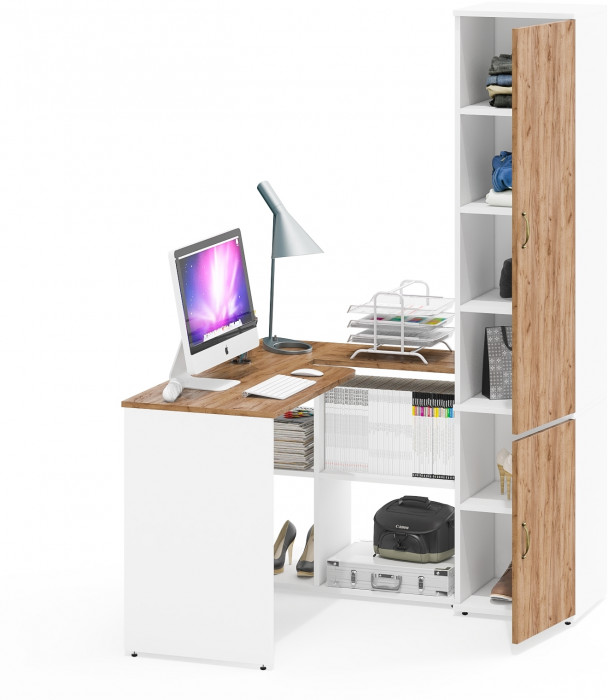 Лидер-8 Стол + Пенал МД 22Б, белый шагрень/крафт золото