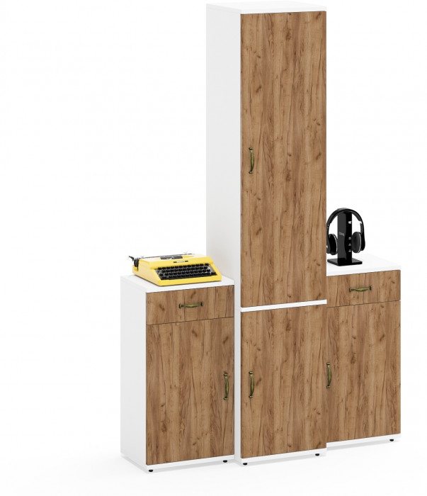 Лидер-8 Пенал МД 21Б + Тумба МД 3.15 + Тумба МД 3.15, белый шагрень/крафт золото