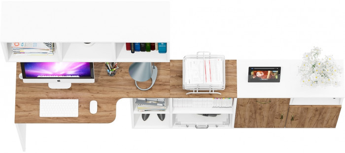Лидер-8 Стол + Полка + Тумба МД 3.15 + Тумба МД 3.19, цвет белый шагрень/крафт золото, ШхГхВ 245х50/30х75/190 или 115х50/160х75/190 с, НЕ универс. сб.