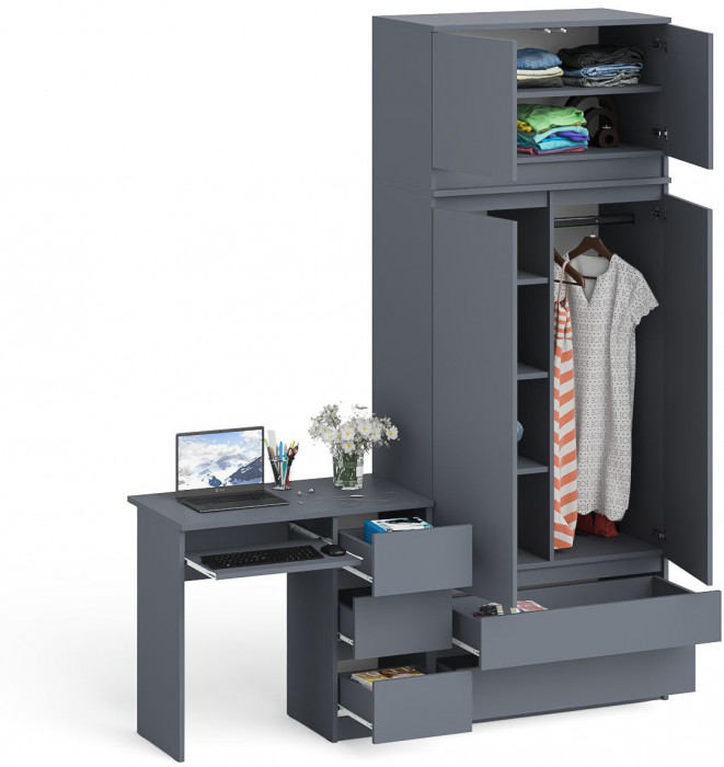 Мори Стол компьютерный МС-6 правый + Шкаф МШ900.1 + Антресоль МА900.1, цвет графит, ШхГхВ 180,4х50,4х234,2 см., выдвижные ящики справа, НЕ универ. сб.