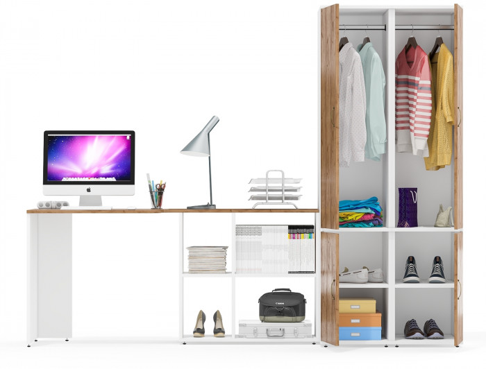 Лидер-8 Стол + Пенал МД 23Б + Пенал МД 23Б, белый шагрень/крафт золото