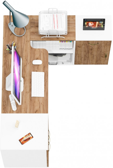 Лидер-8 Стол + Тумба МД 3.15 + Тумба МД 3.16, белый шагрень/крафт золото