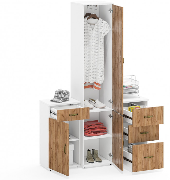 Лидер-8 Пенал МД 21Б + Тумба МД 3.15 + Тумба МД 3.16, белый шагрень/крафт золото