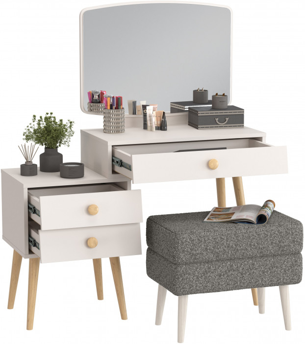 Афина Спальня 4-25901М1к.с. Трюмо + Банкетка 6-5138ТКШтем.серый Тифани, цвет кашемир серый/ткань тёмно-серая, ШхГхВ 105х38,6х129 + 55х33х46 см, ун. сб