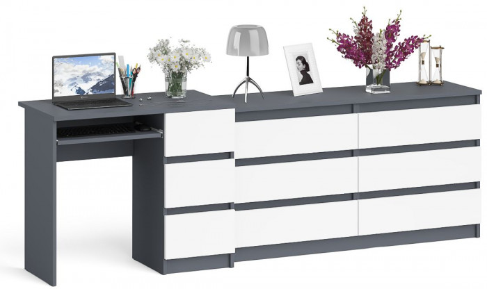 Мори Стол компьютерный МС-6 правый + Комод МК1380.6, цвет графит/белый, ШхГхВ 228х50х76,6 см., выдвижные ящики справа, НЕ универсальная сборка
