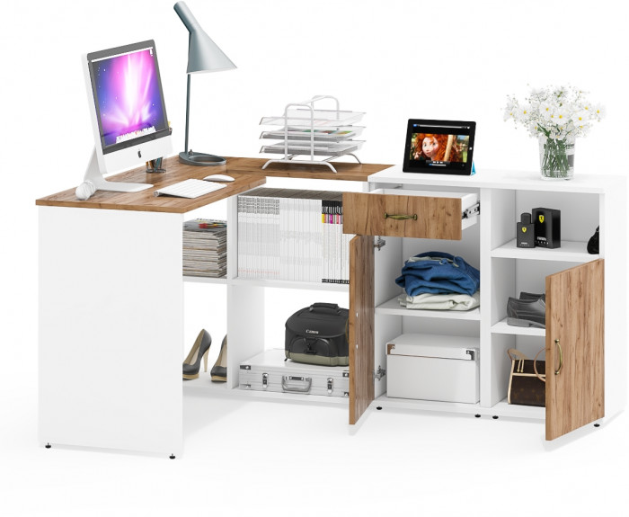 Лидер-8 Стол + Тумба МД 3.15 + Тумба МД 3.19, белый шагрень/крафт золото