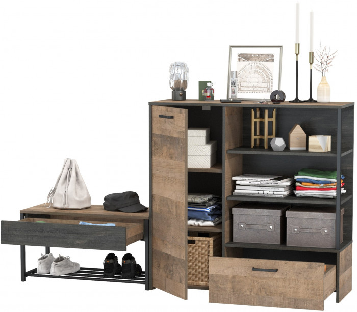 Трувор 13.241.03 Тумба для обуви + 13.307.01 Комод, цвет дуб гранж песочный/интра, ШхГхВ 189х36,9х106,9 см., универсальная сборка