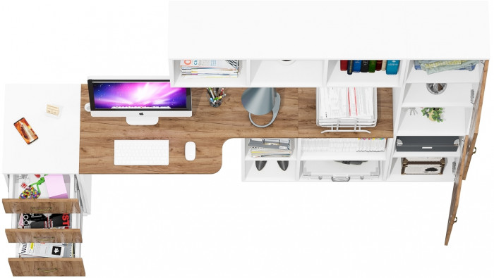 Лидер-8 Стол + Полка + Тумба МД 3.16 + Пенал, цвет белый шагрень/крафт золото, ШхГхВ 245х50/30х75/190 или 120х155/30х75/190 см., НЕ универс. сб.