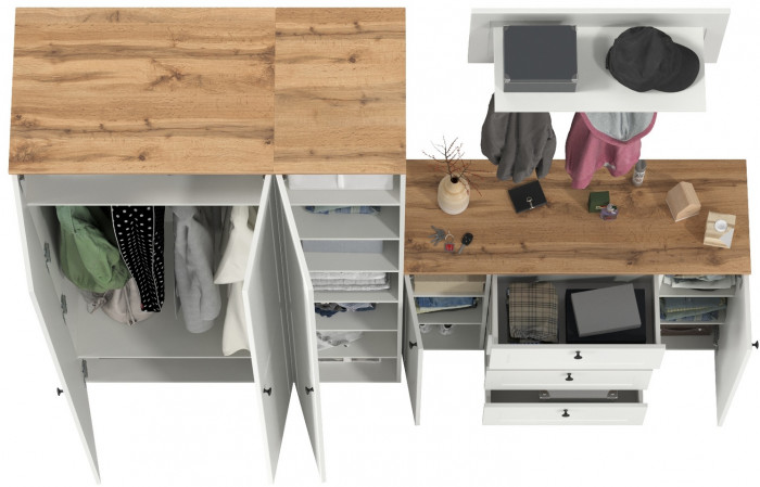 Остин Прихожая 39, цвет белый шагрень/дуб крафт золотой, ШхГхВ 240х54,3х229,6 см., универсальная сборка