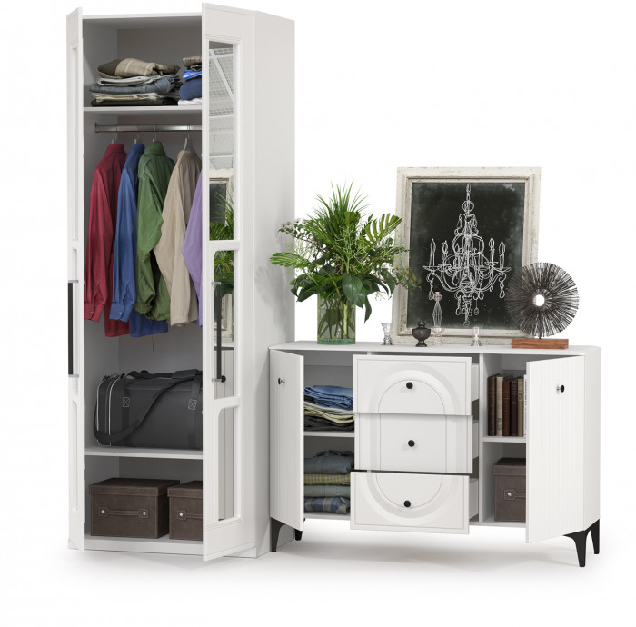 Валенсия Спальня 13.309 Комод + 13.329 Шкаф для одежды, цвет ЛДСП белый шагрень/МДФ белый шагрень, ШхГхВ 217,2х54,2х225,3 см.