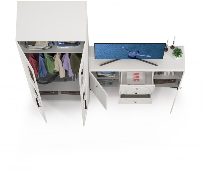 Валенсия Спальня 13.309 Комод + 13.329 Шкаф для одежды, цвет ЛДСП белый шагрень/МДФ белый шагрень, ШхГхВ 217,2х54,2х225,3 см.