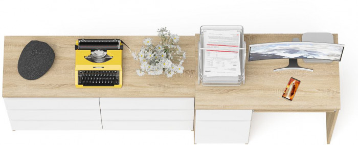 Мори Стол компьютерный МС-1 левый + Комод МК1200.6, цвет дуб сонома/белый, ШхГхВ 210,4х50х76,6 см., выдвижной ящик слева, НЕ универсальная сборка