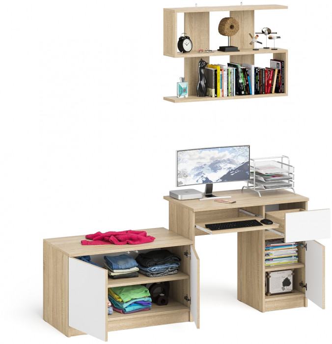 Мори Стол компьютерный МС-1 правый + Тумба МА900.1 + Полка 900, цвет дуб сонома/белый, ШхГхВ 180,4х50,4х209,6 см., НЕ универсальная сборка