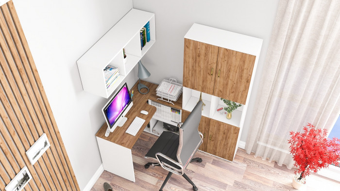 Лидер-8 Стол + Полка + Пенал + Пенал, белый шагрень/крафт золото