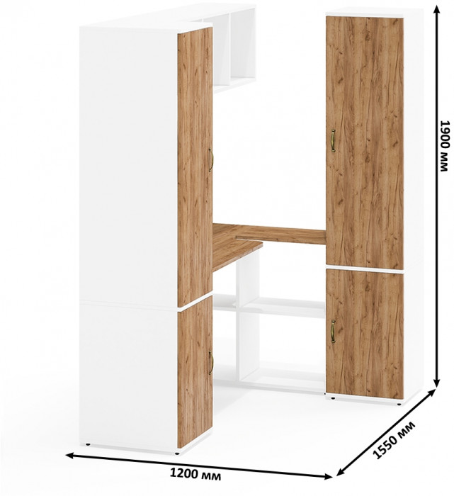 Лидер-8 Пенал МД 23Б + Стол + Полка + Пенал 21Б, цвет белый шагрень/крафт золото, ШхГхВ 245х50х190 или 155х120/50х75/190 см., НЕ универсальная сборка
