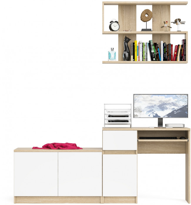 Мори Стол компьютерный МС-1 левый + Тумба МА900.1 + Полка 900, цвет дуб сонома/белый, ШхГхВ 180,4х50,4х209,6 см., НЕ универсальная сборка