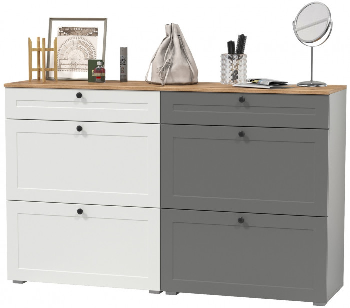 Остин 16.121 Тумба для обуви + 16.121 Тумба для обуви, цвет белый шагрень/серый графит/дуб крафт золотой, ШхГхВ 160х41,6х99,3 см., ун. сборка