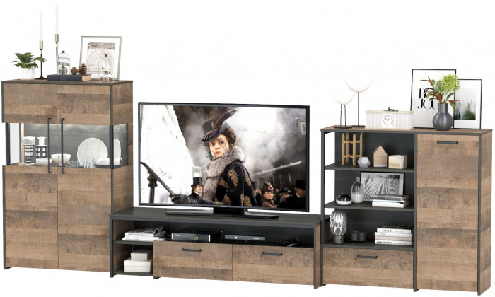 Трувор Гостиная 054, цвет дуб гранж песочный/интра, ШхГхВ 344,6х45,4х135,3 см., универсальная сборка