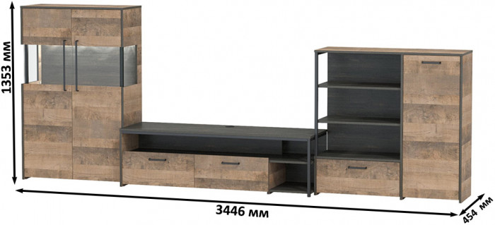 Трувор Гостиная 054, цвет дуб гранж песочный/интра, ШхГхВ 344,6х45,4х135,3 см., универсальная сборка
