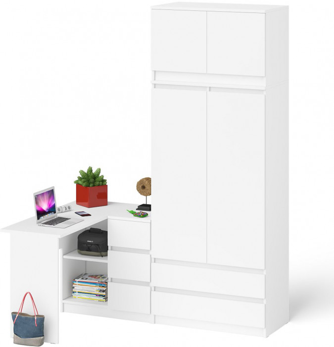 Мори Стол компьютерный МС-16 правый + Шкаф МШ900.1 + Антресоль МА900.1, цвет белый, ШхГхВ 214,8х84,9х234,2 см., выдвижные ящики справа, НЕ универ. сб.