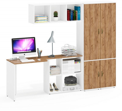 Лидер-8 Стол + Полка + Пенал МД 21Б + Пенал МД 21Б, белый шагрень/крафт золото