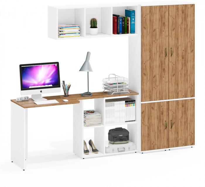 Лидер-8 Стол + Полка + Пенал МД 21Б + Пенал МД 21Б, белый шагрень/крафт золото