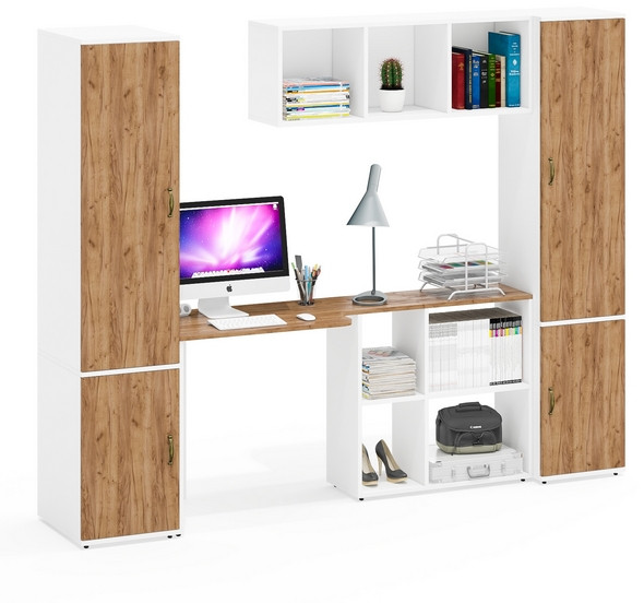 Лидер-8 Пенал МД 23Б + Стол + Полка + Пенал 22Б, цвет белый шагрень/крафт золото, ШхГхВ 245х50/37,5х75/190 или 155х120/50х75/190 см., НЕ ун.сб.