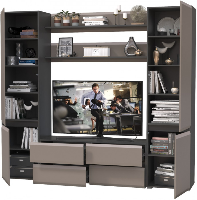 Сидней Комплектация № 067, цвет корпус: антрацит/фасады: МДФ веллюто капучино, ШхГхВ 229,9х41,3х205,2 см., ниша для ТВ 129х41х90 см., универс. сборка